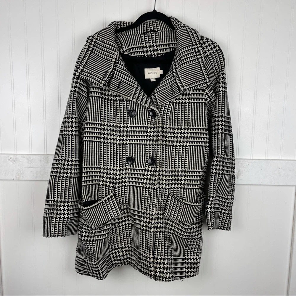 REISS Houndstooth Button Down Coat - Picture 2 of 6
